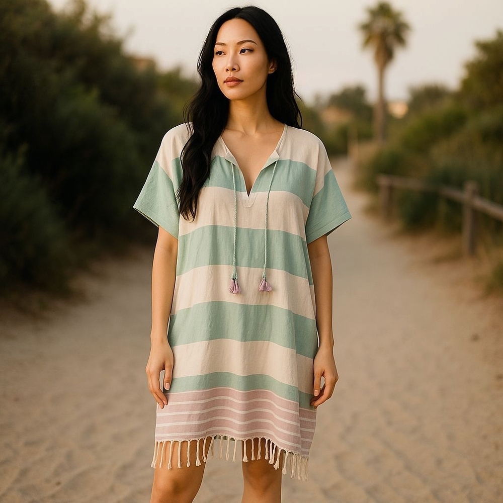 Pomegranate sz small Breezy Striped short tassel pink green caftan new SW60